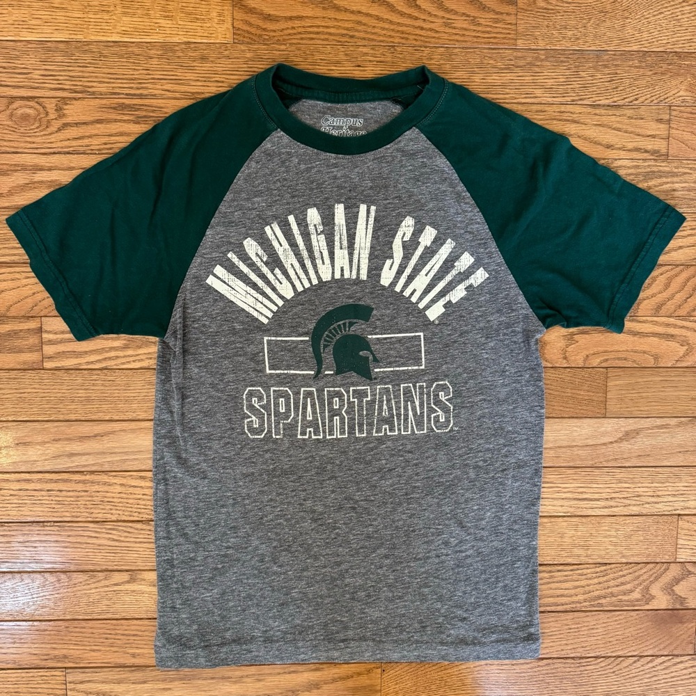 Michigan State Spartans Campus Heritage Green and Gray Baseball Tee